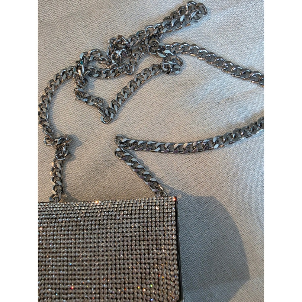 Rhinestone Crossbody Phone Bag Silver Crystal Chain Strap Evening Clutch Black - Picture 3 of 5